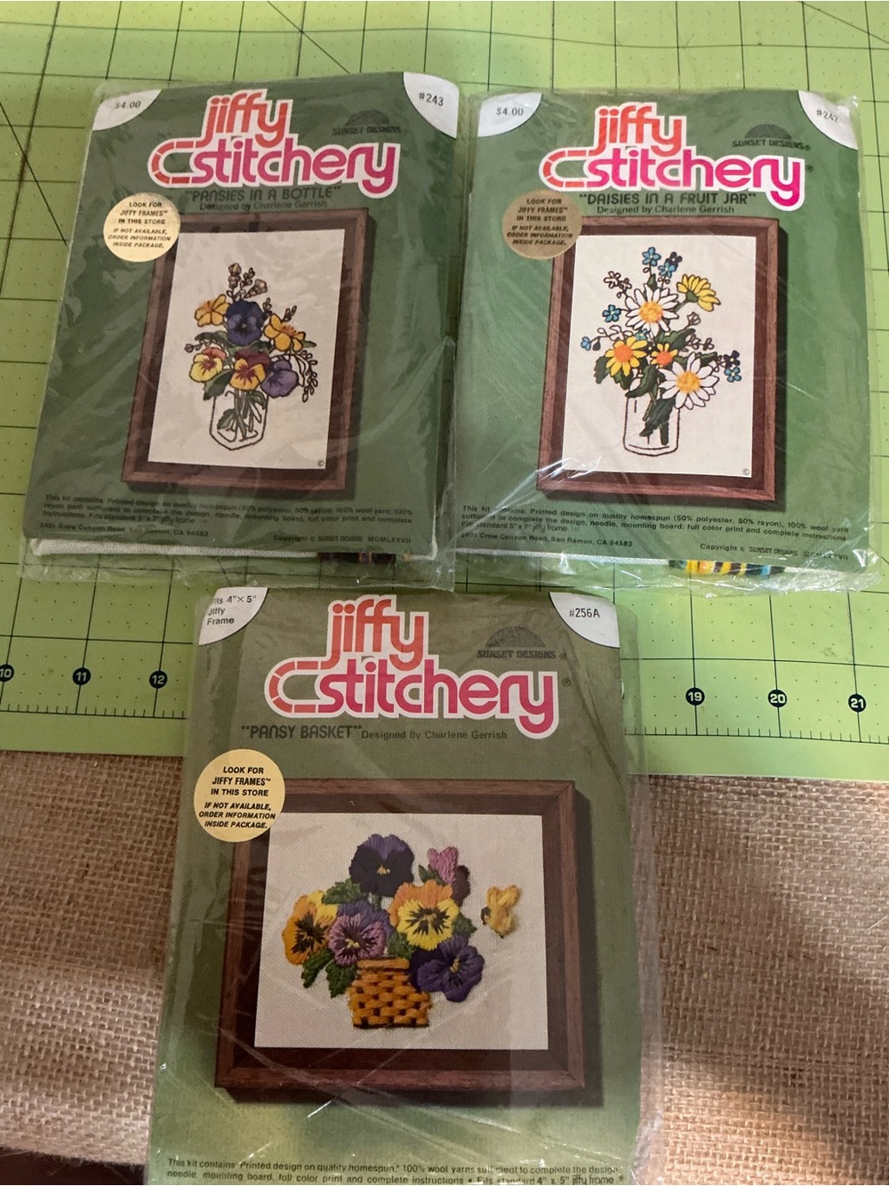 Jiffy Stitchery Floral Embroidery Kits - Pansy & Daisy Motifs (Set of 3)